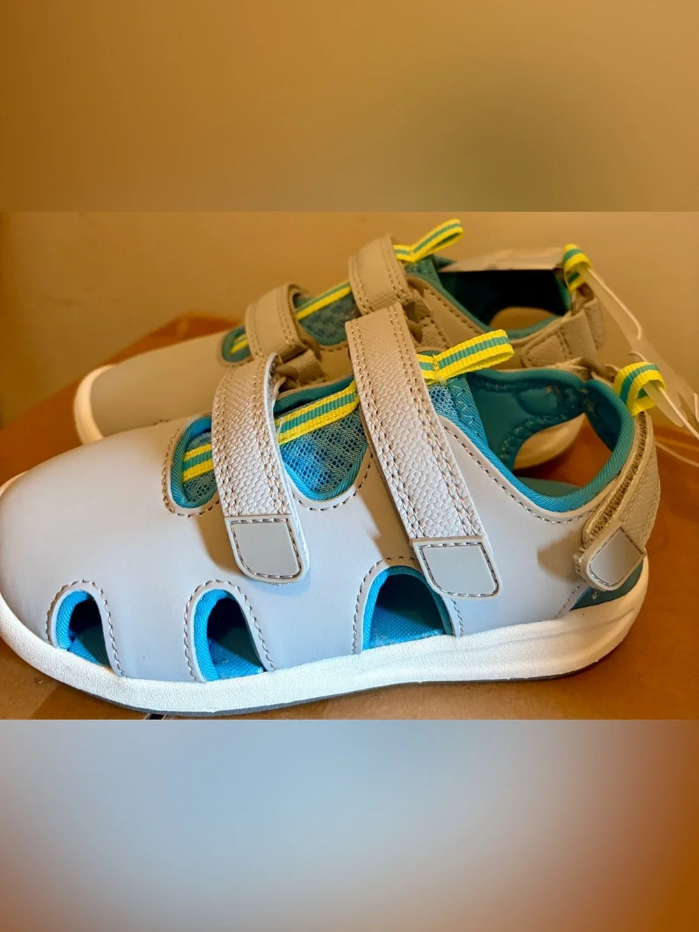Cat & Jack White and Teal Hook-and-Loop Kids Sandals with Yellow Accents